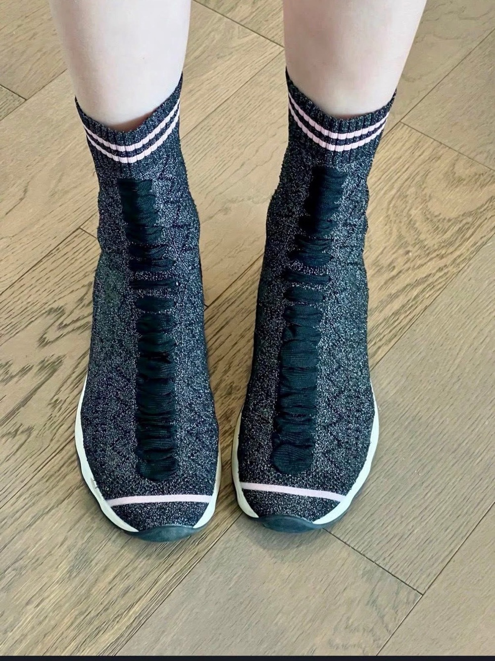 Fendi Black Glitter Sock Sneaker with Pink Stripe Accents